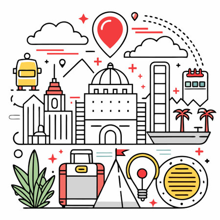 City travel with landmarks, bus, luggage, palm trees and a light bulb.のイラスト素材