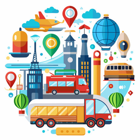 Cityscape with buses, airplane, and hot air balloons.のイラスト素材