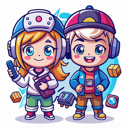 Cute  characters in colorful attire holding game controllers.のイラスト素材