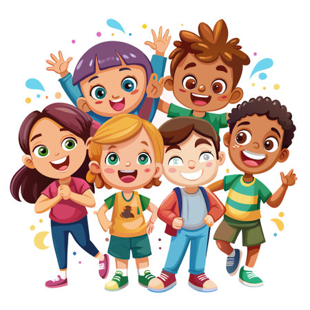 Six happy diverse kids smiling together with colorful clothing and shoes.のイラスト素材