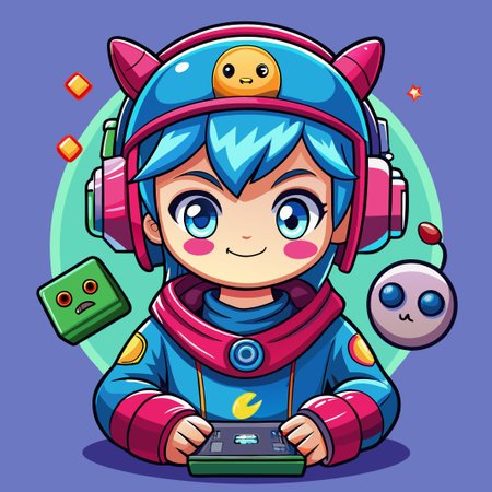 Cute  gamer girl in pink and blue futuristic suit plays video game with gamepad.のイラスト素材
