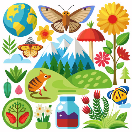 Colorful nature icons with a globe, mountains, flowers, butterflies, plants and a jar.のイラスト素材