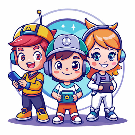 Three cute cartoon kids with headphones in a circle.のイラスト素材