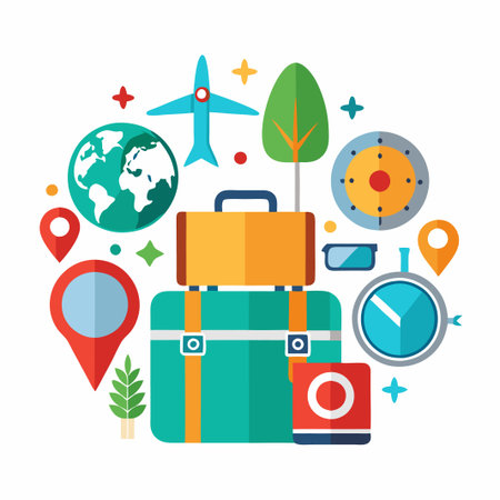 Travel Illustration with Backpack, Airplane, Compass, and Globe.のイラスト素材