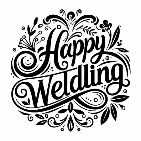 Black and white calligraphy of Happy Wedding with floral flourishes.のイラスト素材