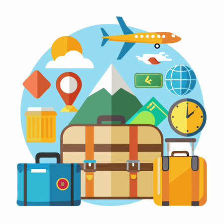 Luggage, plane, mountain, clock and globe icons for travel concept.のイラスト素材