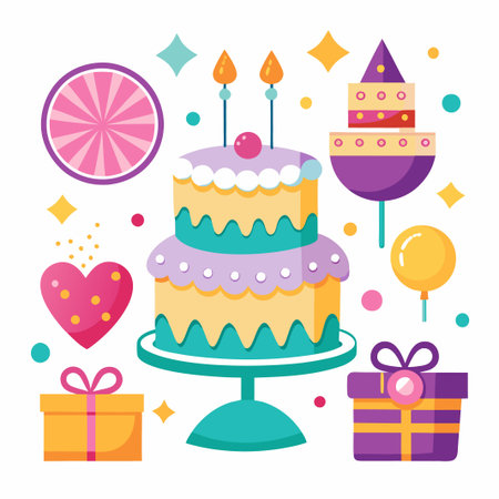 Birthday Cake with Gifts and Balloons.