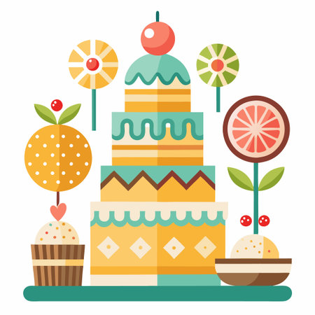 Festive Dessert Table with a Cake, Cupcakes, and Flowers.