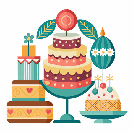 A collection of cakes, decorated with hearts, flowers, and dots.