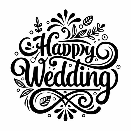 Hand drawn calligraphy "Happy Wedding" with floral elements.のイラスト素材