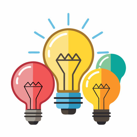 Four colorful light bulbs with a bright, glowing central bulb.のイラスト素材