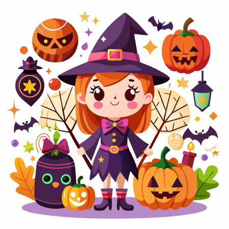 Cute witch with pumpkins, bats, and stars.のイラスト素材
