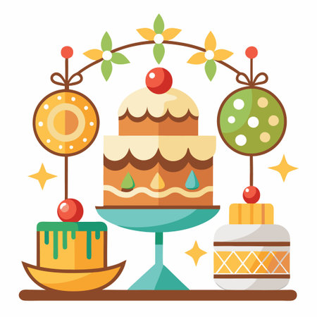 Festive celebration with cakes, sweet treats, and colorful decorations.