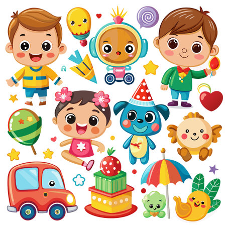 A cheerful collection of cartoon characters and objects.のイラスト素材
