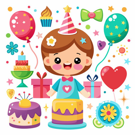Cute girl celebrating her birthday with cake, balloons and gifts.のイラスト素材