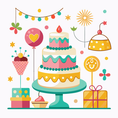 Colorful Birthday Cake with Decorations and Gifts.