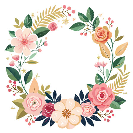 A beautiful floral wreath with pink, white, and peach flowers, green leaves, and golden accents.のイラスト素材