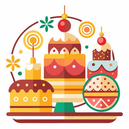 Three colorful cakes on a plate with decorative elements.