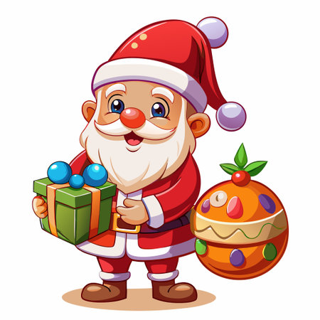 Smiling Santa Claus with Christmas present and ornament.のイラスト素材