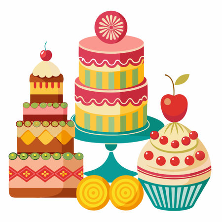 Three colorful cakes with cherries on top, two circular cookies, and a turquoise cake stand.