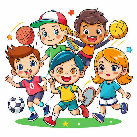 Cheerful cartoon kids playing different sports on a green field.のイラスト素材
