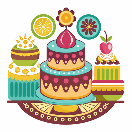 Colorful Cartoon Cakes and Fruits on a Festive Table.