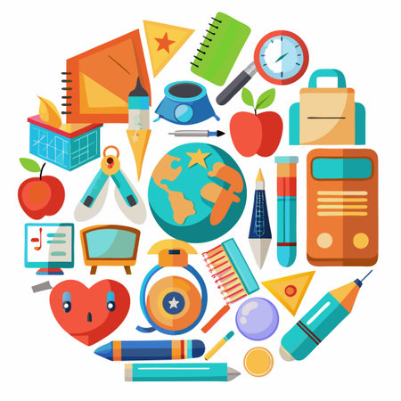 Colorful school supplies arranged in a circle.のイラスト素材