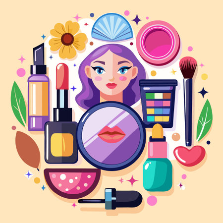 Makeup products and accessories around a woman's face.のイラスト素材
