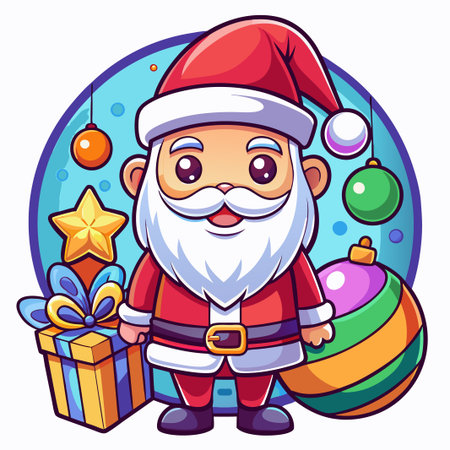 Cheerful Santa Claus with Christmas Ornaments, Gift and Star on Blue Background.のイラスト素材