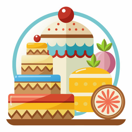 Colorful layered cakes with fruit toppings, in a circle.