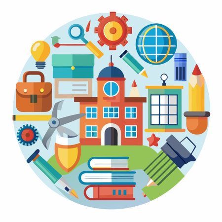 School building with various educational tools.のイラスト素材
