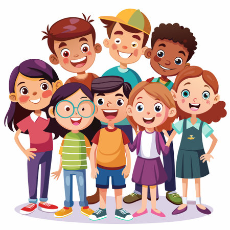 Group of diverse happy smiling cartoon children standing together.のイラスト素材