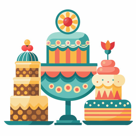 Three decorated cakes on plates, isolated on white.のイラスト素材