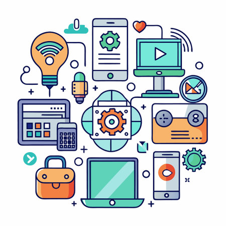 Illustration of colorful technology icons, including a lightbulb, laptop, phone, and computer.のイラスト素材