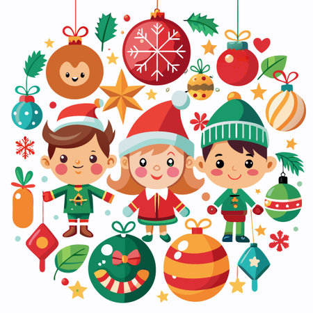 Three elves with christmas ornaments.のイラスト素材