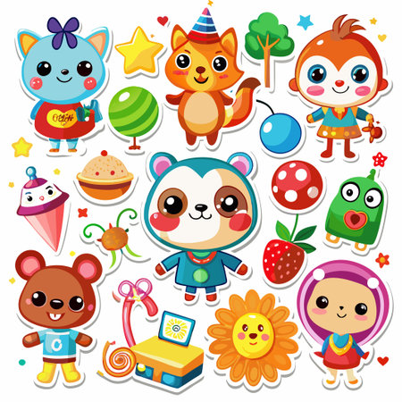 Colorful cartoon stickers featuring cute animals and nature elements.のイラスト素材