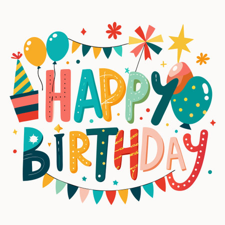 Colorful "Happy Birthday" lettering with balloons and confetti.のイラスト素材