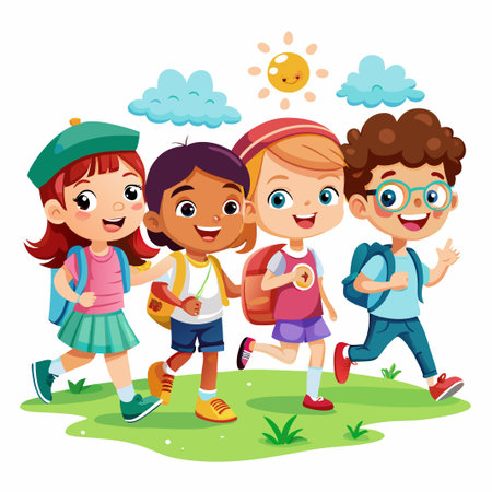 Four happy kids walking to school on a sunny day with backpacks.のイラスト素材