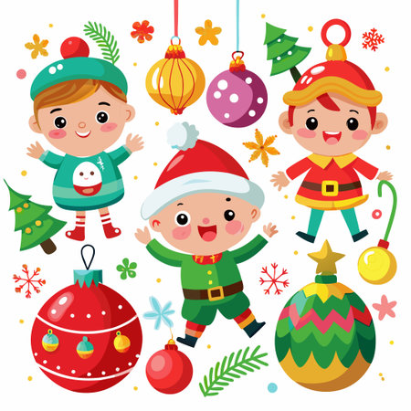 Three cute cartoon elves in winter outfits with Christmas tree and ornaments.のイラスト素材