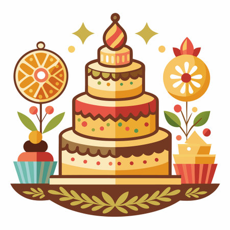 Three-tiered cake with cupcakes, flower and orange decoration on a wooden base.
