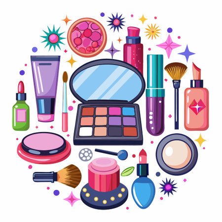 A circular arrangement of various makeup items, including lipsticks, eyeshadow palettes, foundation, and brushes.のイラスト素材
