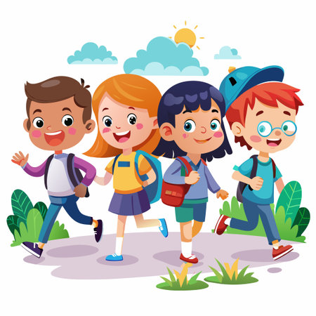 Four smiling children with backpacks walk together on a sunny day.のイラスト素材