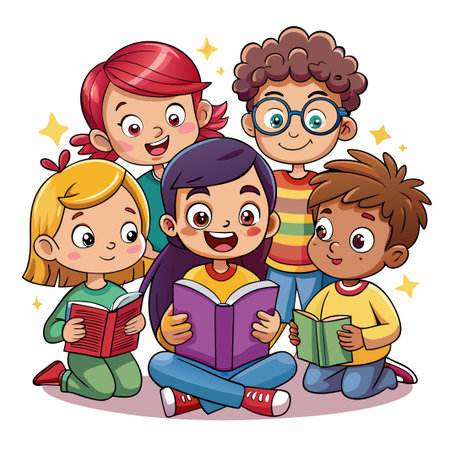 Four happy children reading books together.のイラスト素材