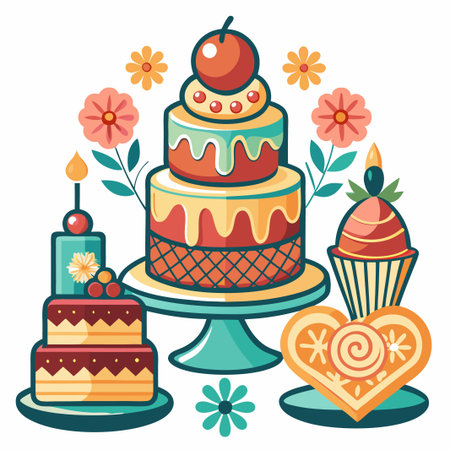Birthday cake with candle, cupcake, and heart-shaped cookie.