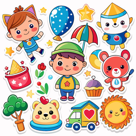 Cute cartoon stickers set with a boy, a girl, a bear, a sun, and other fun characters.のイラスト素材