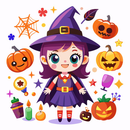 Cute witch girl in purple dress with a pointy hat and bats, surrounded by pumpkins, candles, stars, a spider web, and other Halloween elements.のイラスト素材