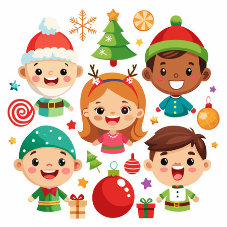 Four smiling children dressed as elves with Christmas decorations.のイラスト素材