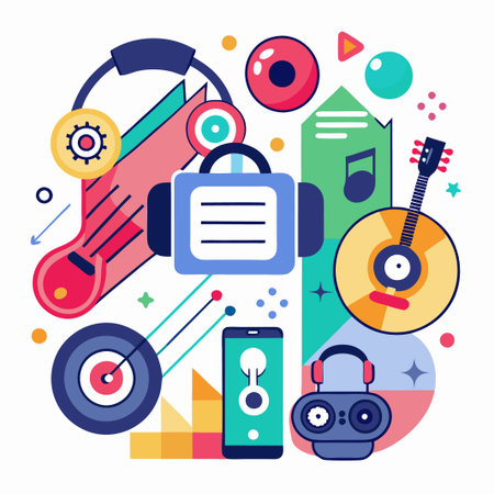 Colorful illustration of music and technology objects.のイラスト素材