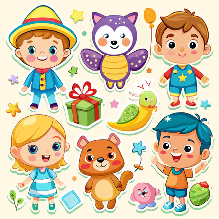 Cute cartoon children characters with toys and gift isolated on white background.のイラスト素材