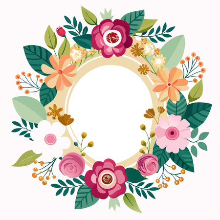 Colorful floral wreath with a blank circle in the center.のイラスト素材